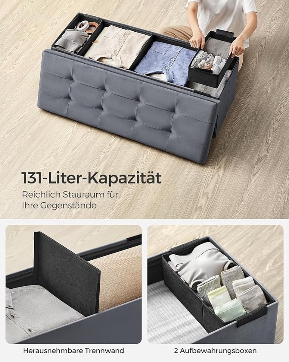 Opvouwbare poef met opbergruimte – 38 x 110 x 38 cm, voetenbank en zitbank, belastbaar tot 300 kg, leigrijs (LSF277G01)