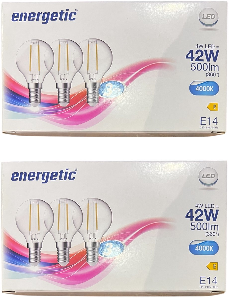 6 Stuks (2 x 3)Energetic Filament lamp 4 w (42 Watt) E14 Helder Wit (4000K)