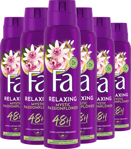 Zes Fa Relaxing Mystic Passionflower deodorant sprays, paars met witte bloemdecoratie, naast elkaar.