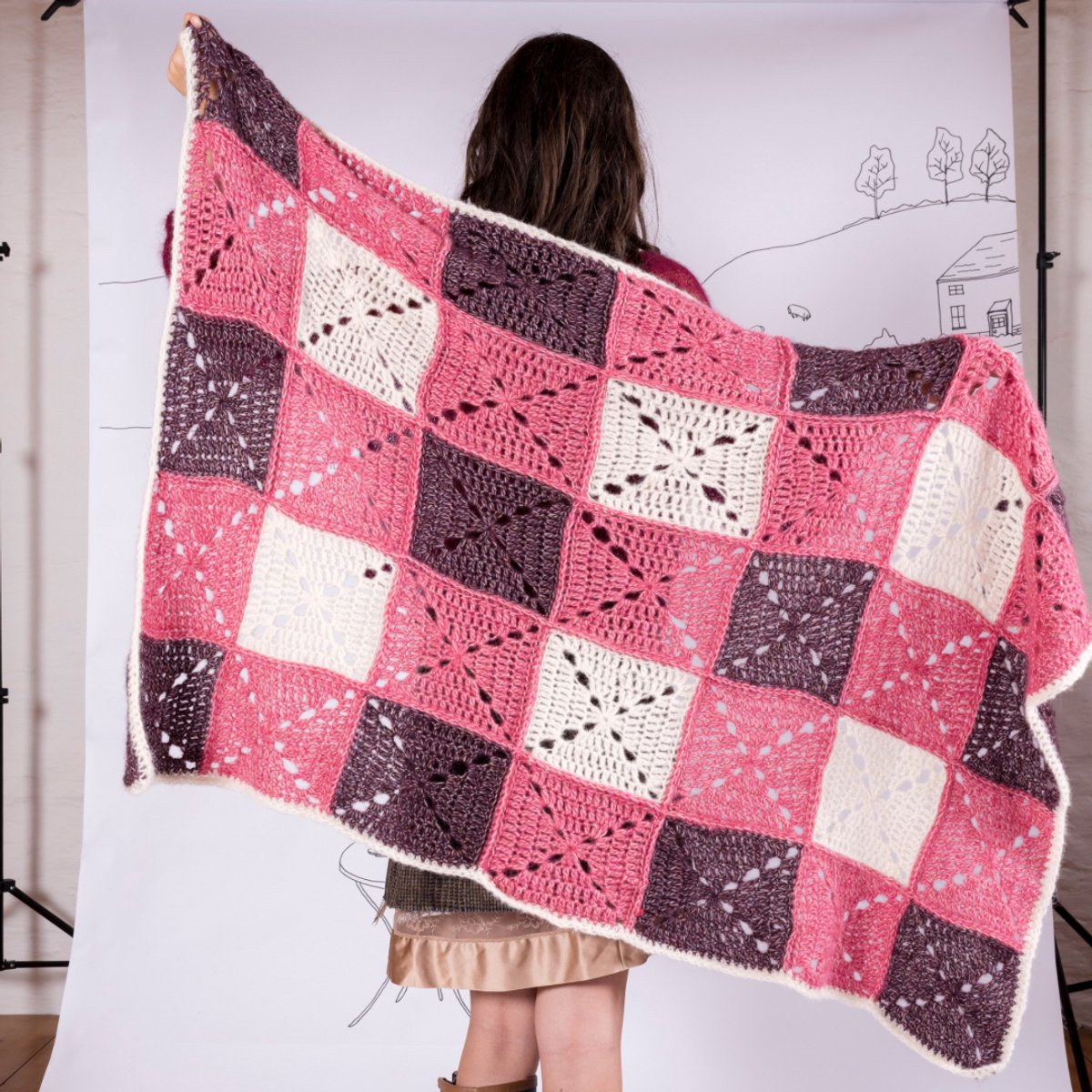 Haakpakket-Big Check Plaid-grannysquare deken-alpaca/wol/katoen