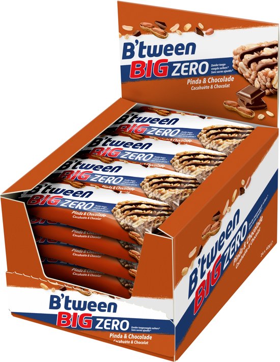 B'tween BIG Zero Pinda & Chocolade - Tussendoortje - Mueslireep - 24 stuks x 40g - Voordeelverpakking