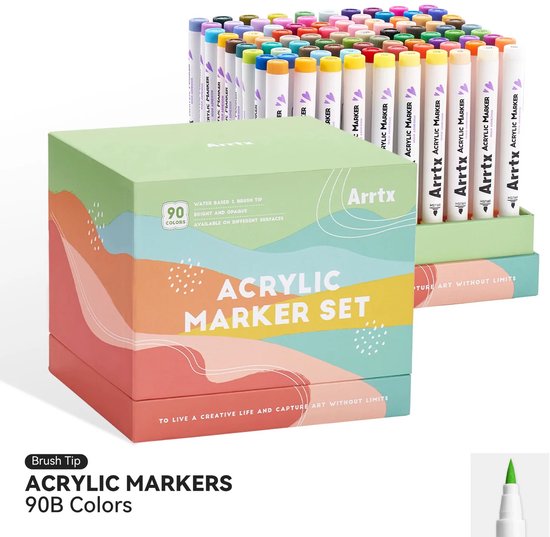 Arrtx - Acrylmarkers - 90B- Paint Brush Tip Markers - 90 kleuren