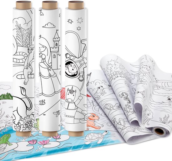 Kleurplaat op Rol 3pcs - Navulling - 3x 10 meter Kleurplaten op Rol - Thema Dieren, Prinses & Ruimte - Voor Houten Tekenbord en Papierrolhouder - Creatief Speelgoed Kinderen vanaf 3 Jaar - Joya Creative