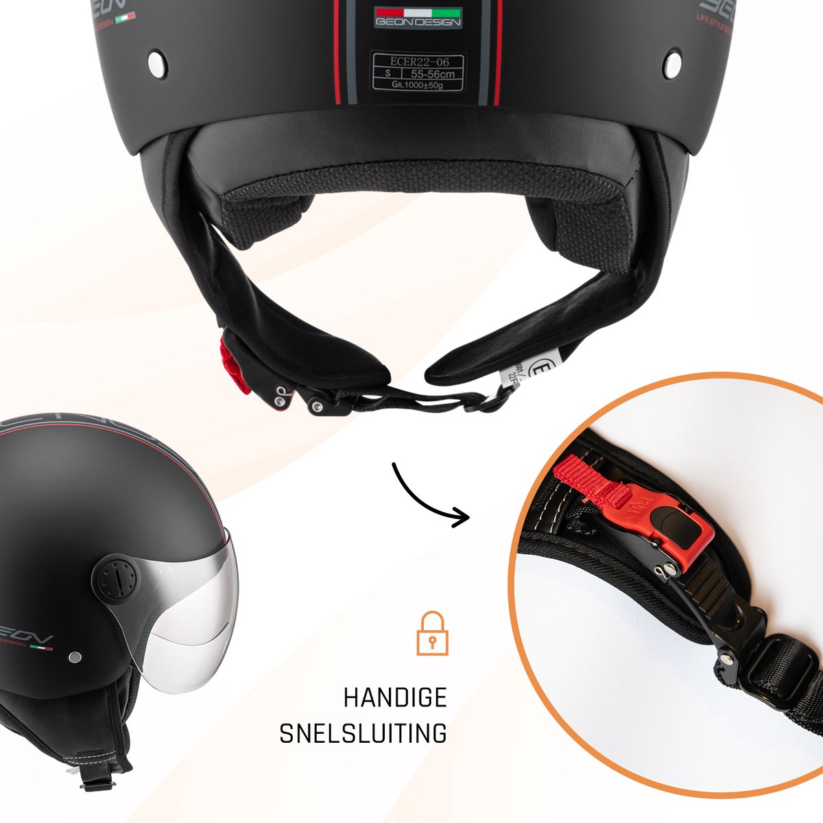 BEON Design Scooterhelm - Mat Zwart - M - Jethelm met Vizier - Motorhelm - Geschikt voor Vespa, Scooter, Brommer, Motor en Snorfiets – foto 3