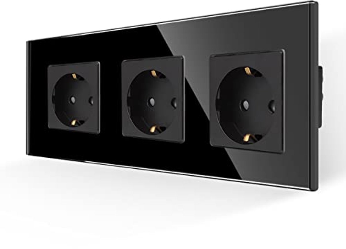 Drievoudig Stopcontact Zwart met Schuko Aansluiting - 16Amp Geaard Inbouw Stopcontact