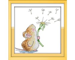 Doe-het-zelf Borduurpakket Met Gestempelde Kruissteek, Complete Lijn van Voorgedrukte Starterspakketten Voor Beginners - Muis en paardenbloem 30 x 30 cm