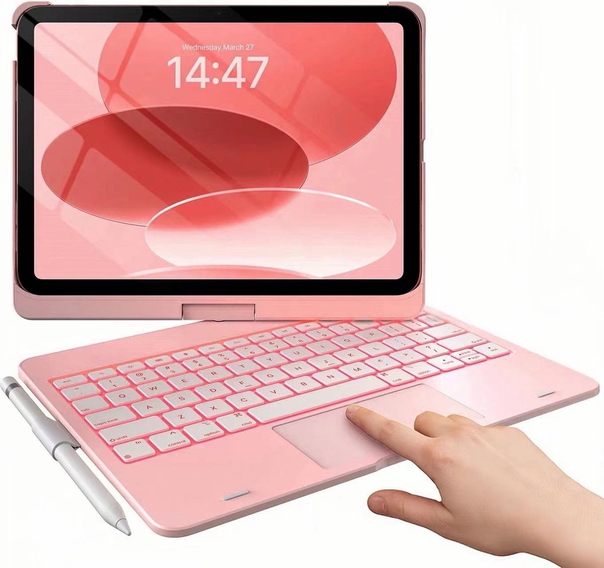 Namajunas - Tablet toetsenbord - Geschikt voor iPad 11 (2025/Air16) 11 inch / 10e generatie (2022) 10.9 inch - 360° Draaibaar - 7-kleuren achtergrondverlichting - Multi-Touch Trackpad - Pen Houder - Case - Rosé goud