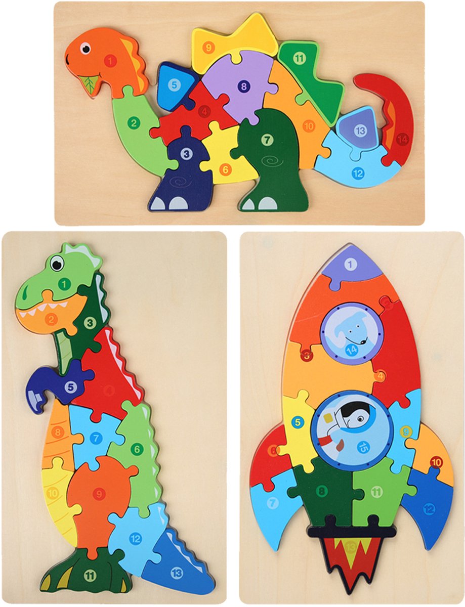 Houten Blokpuzzel-Montessori Speelgoed-3D puzzel-Kinderen-3 Jaar-Gift-Cadeau-Stegosaurus,Tyrannosaurus Rex,Rakeet, Educatief Spel voor 3 4 5 6 7 Jaar, Cadeau voor Jongens en Meisjes