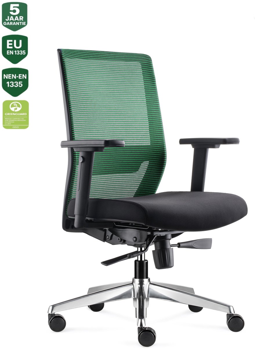 BENS 850-Ergo-3 Groen - Ergonomische Bureaustoel - Bureaustoel voor volwassenen - Kantoorstoel - Gepolijst aluminium voetenkruis - GREENGUARD GOLD - NEN-EN1335 & ARBO normen