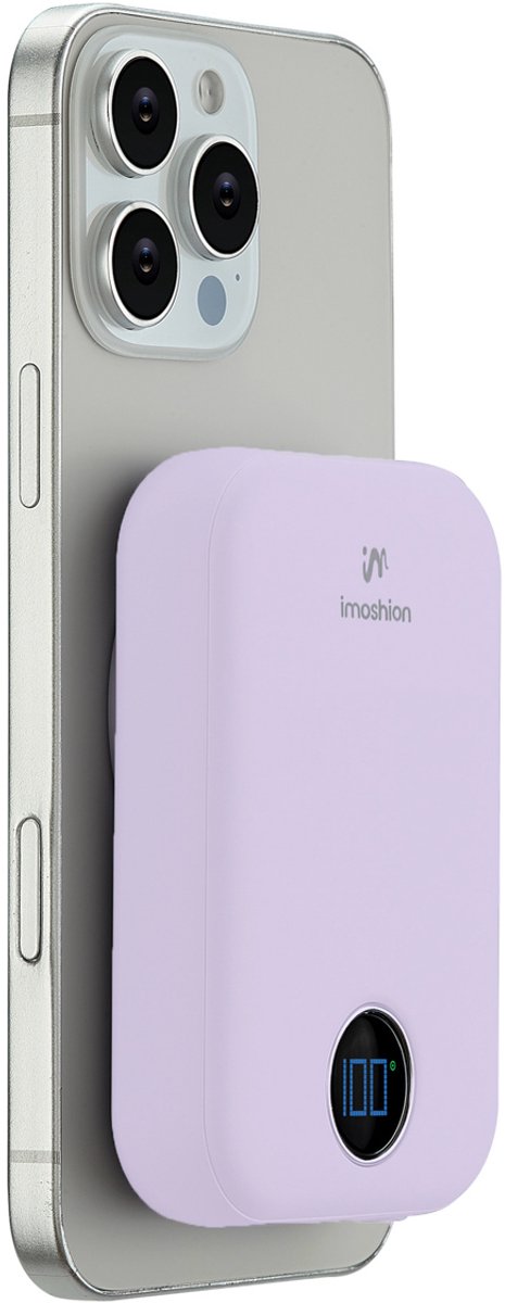 iMoshion® MagSafe Powerbank 10.000 mAh - Snellader & batterij LED-display - USB C & USB A - Geschikt voor MagSafe - Draadloos Opladen - Powerbank voor iPhone 12 / 13 / 14 - Lila