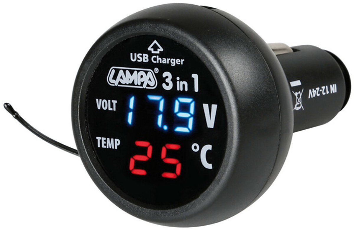 Lampa Smart-Plug Multifunctionele Plug – 12/24V – Interieurthermometer - Accu- en Dynamo Tester – USB Oplaadpoort 5V/2100 mA – Voor Auto & Vrachtwagen
