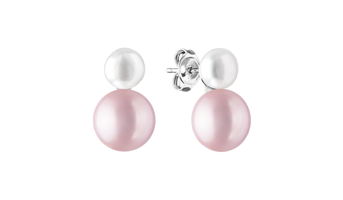 Gaura – Zilveren oorknopjes met dubbele parels – wit (6–6,5 mm) en lavendel (9–9,5 mm) – 925 sterling zilver met rhodium afwerking