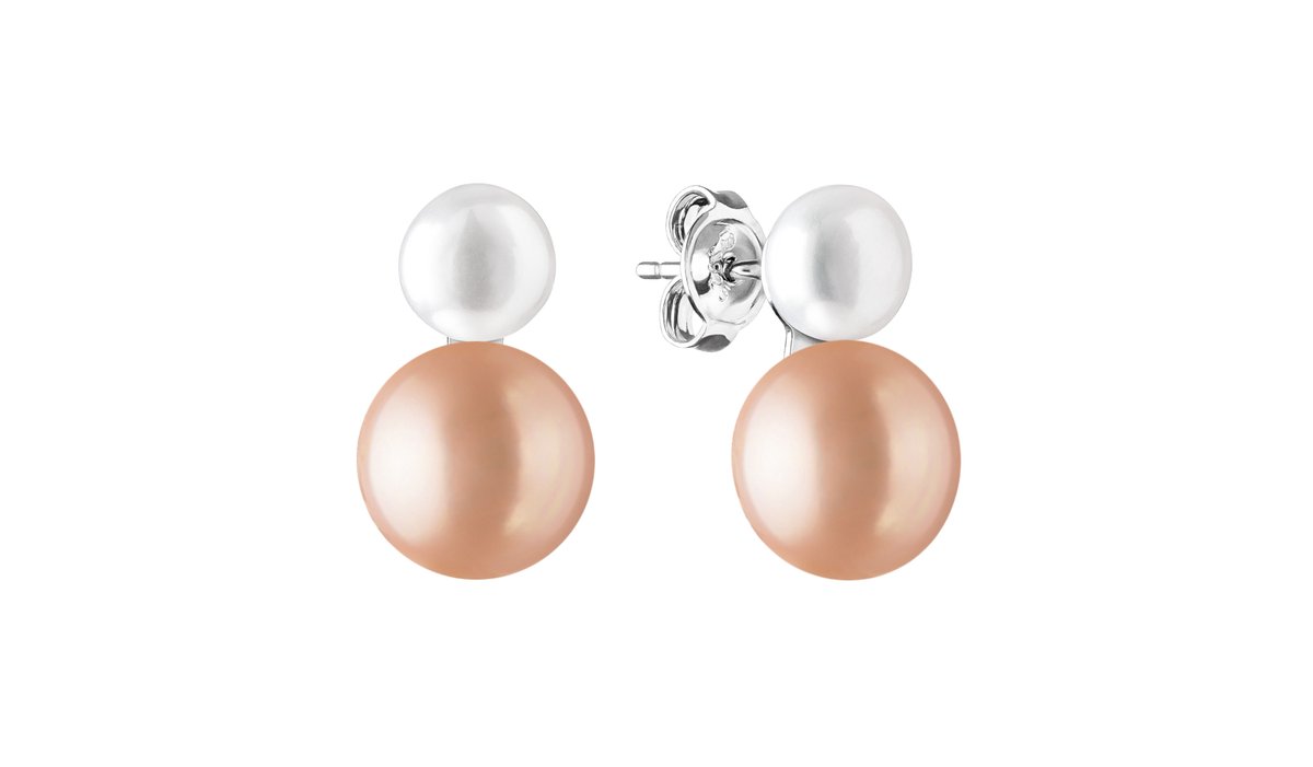 Gaura – Zilveren oorknopjes met dubbele parel – wit (6–6,5 mm) en perzik (9–9,5 mm) – 925 sterling zilver met rhodium afwerking