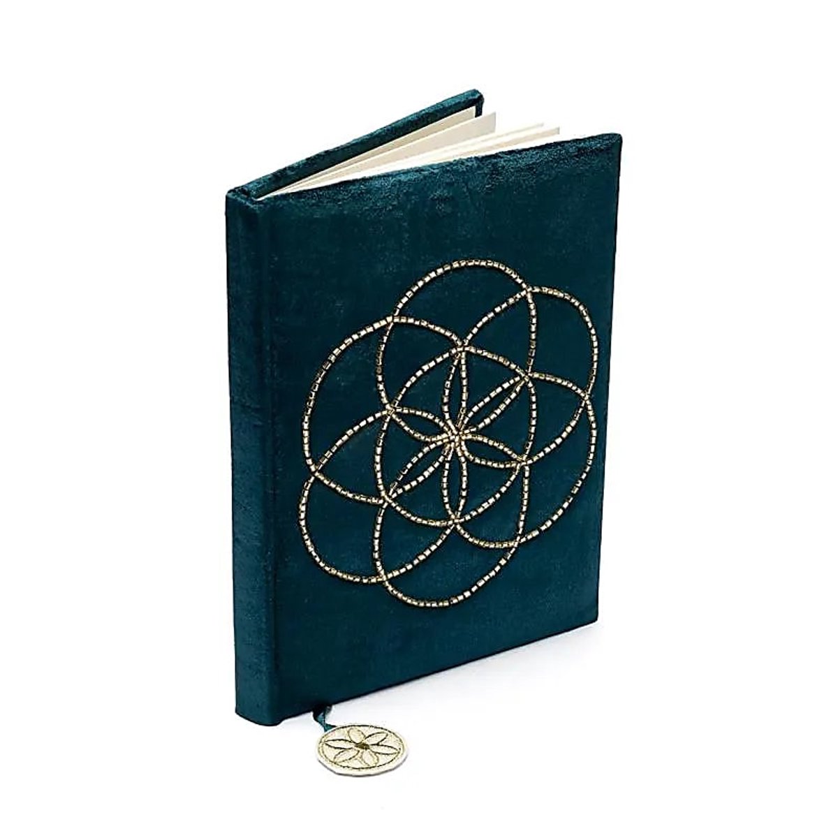 Notitieboek fluweel petrol met Seed of Life – 20 cm x 15 cm