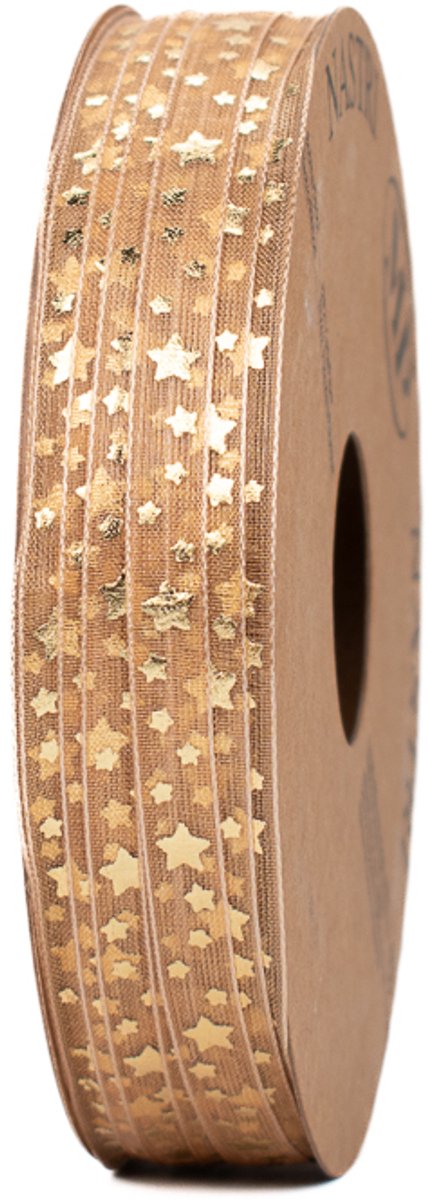 Kerstlint - Organza goud met gouden sterretjes - 6 mm breed - 25 meter lang - Smal decoratief lint