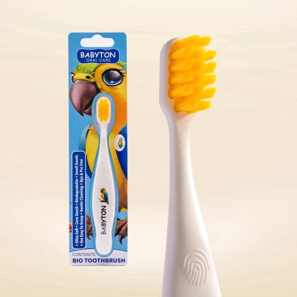BABYTON - Bio Tandenborstel Papegaai - 2 stuks - Ergonomisch handvat - Gemaakt van maïszetmeel - Kindertandenborstel