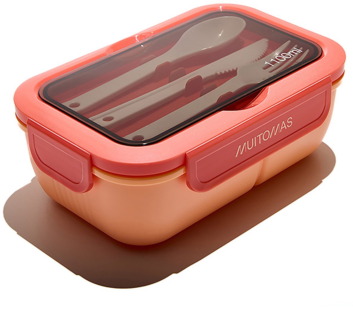 Muitomas Lunchtrommel - 1,1 Liter – 3 compartimenten – Magnetron & vaatwasser bestendig - Inclusief bestek - Peach Fuzz