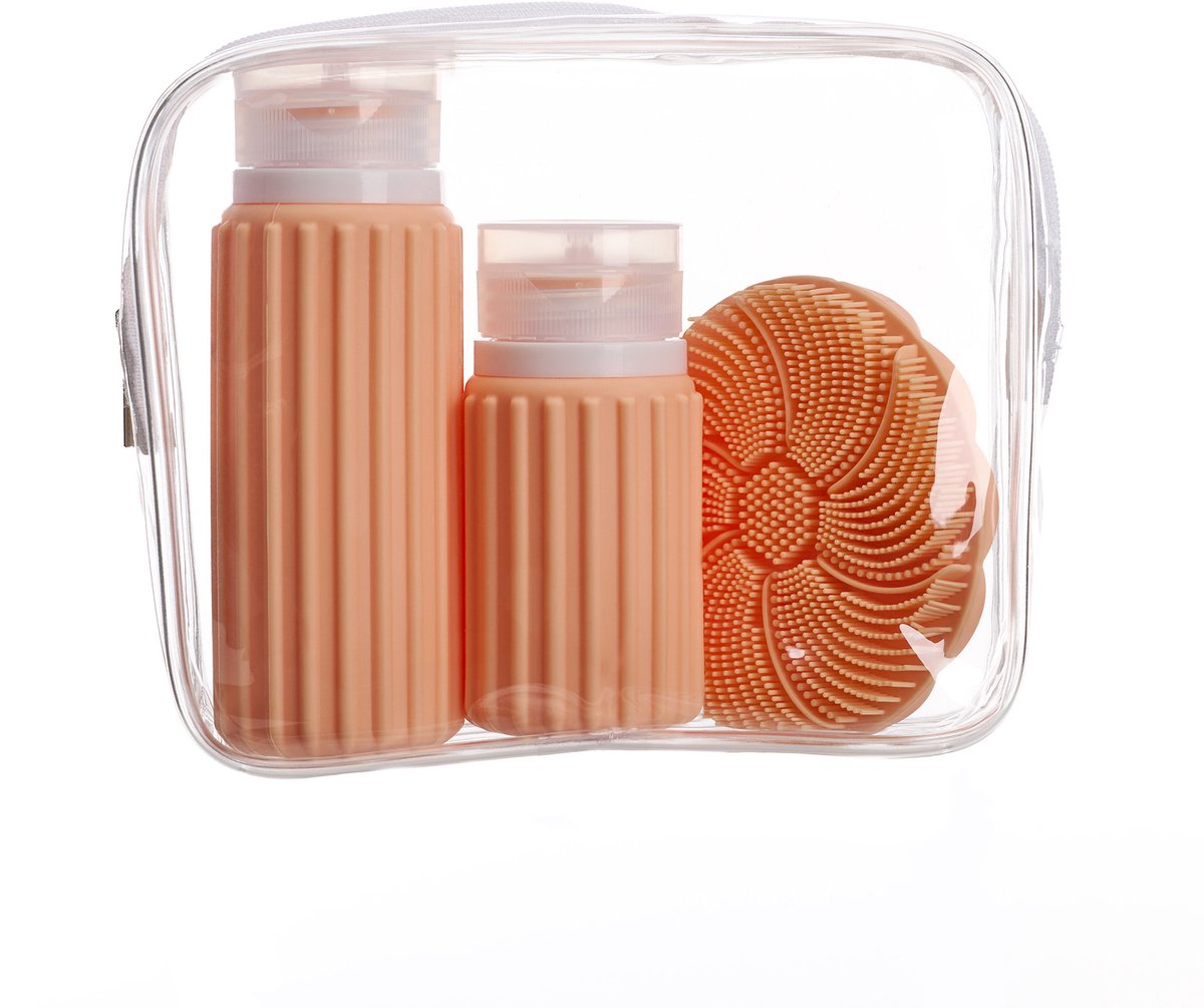 Muitomas Reistas + gezichtsborstel + 2 flesjes – Compact - Waterdichte transparante tas - Siliconen reisflessen - Peach Fuzz