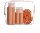 Muitomas Sac de voyage + brosse faciale + 2 flacons – Compact - Sac transparent étanche - Flacons de voyage en silicone - Peach Fuzz