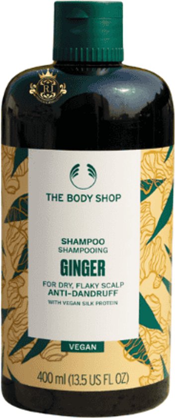 Bouteille de shampooing The Body Shop Ginger Anti-Dandruff, 400 ml, vegan.