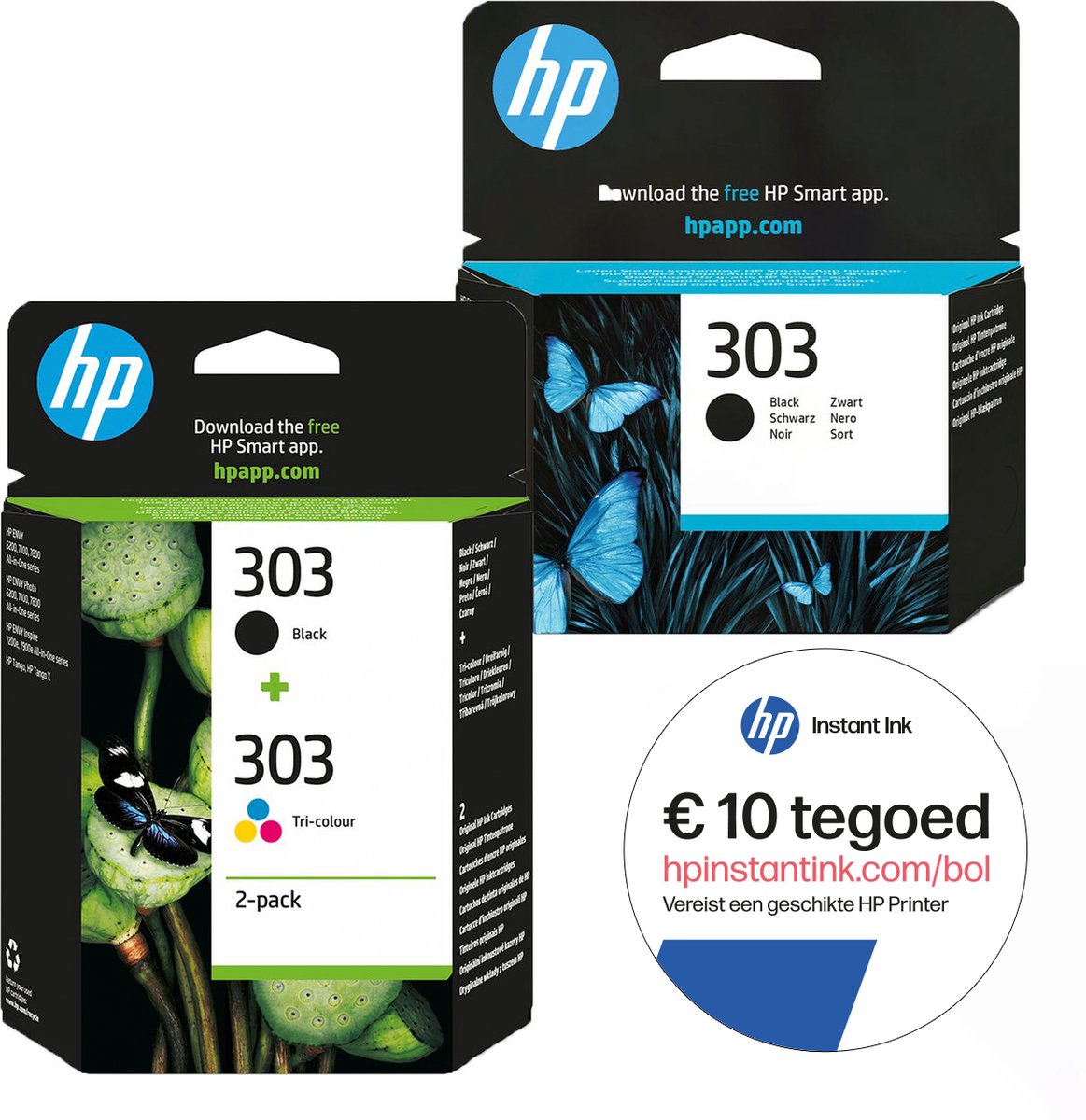 HP 303 - Inktcartridge kleur & 2x zwart (3-pack) + Instant Ink tegoed