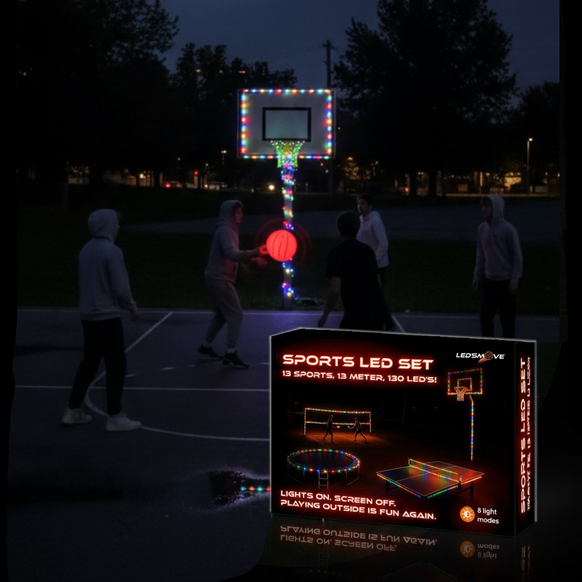 LED'S MOVE LED Basketbalring Light - 13 Meter Sports LED Set - Verlichting voor Voetbal Goal, Basketbal hoop, Volleybal net, Trampoline, Werkt op Solar Verlichting