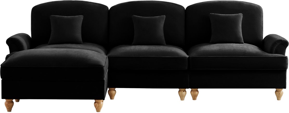 Modulaire mid-century L-vormige 3-zits bank van chenille met trechter armleuningen, afneem