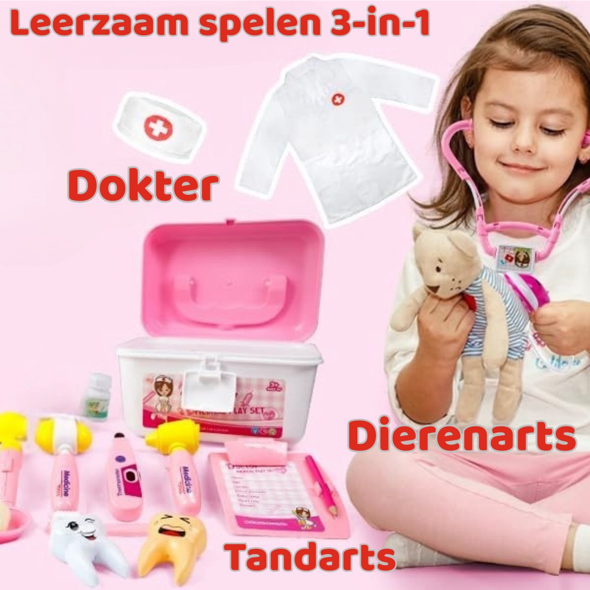 Luumuu® Dokterset Speelgoed Kind - Dierenarts Setje - Doktersset - Tandarts Speelset - Dokterskoffer - 35-delig - Vanaf 3 jaar - Incl. Doktersjas — afbeelding 6