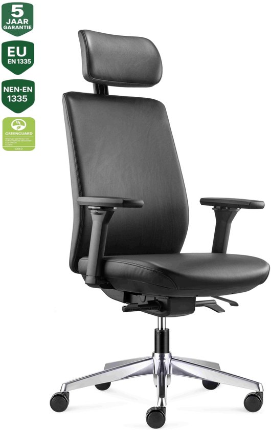 BENS 918HExe-Synchro-4 Zwart - Luxe Executive Ergonomische Bureaustoel - Bureaustoel voor volwassenen - Kantoorstoel - Volledig Lederen bekleding - Volledig instelbaar - GREENGUARD GOLD - NEN-EN1335 & ARBO normen