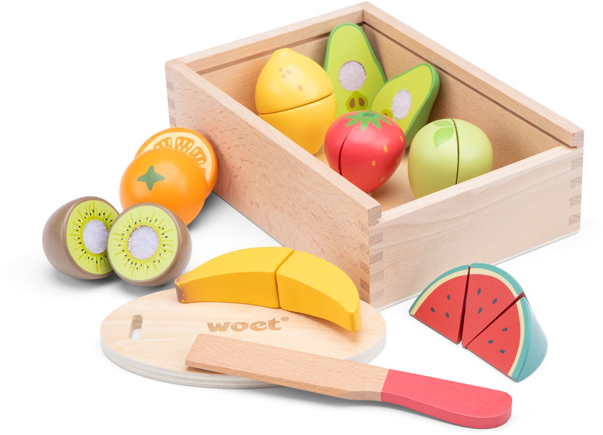 Woet® Houten Snijset Fruit in Opbergdoos - Speelset met Snijplank, Appel, Banaan, Citroen, Aardbei - Educatief Speelgoedeten - Rollenspel Keukenspeelgoed - Vanaf 2 Jaar — afbeelding 2