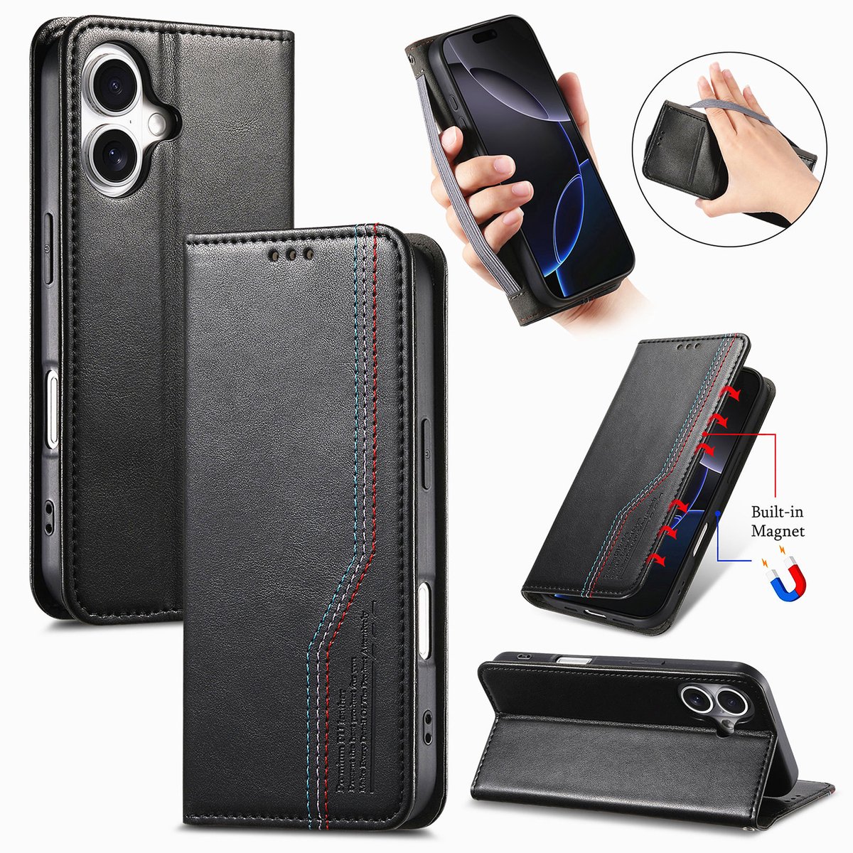 Praktische en Stijlvolle PU Leren Portemonnee Hoes voor iPhone 16 _ Zwart