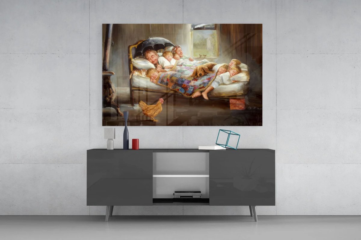Glasschilderij Slapende Familie – Klassiek Schilderij – Nostalgische Wanddecoratie – Warm Thuis Decor - 90x60 cm