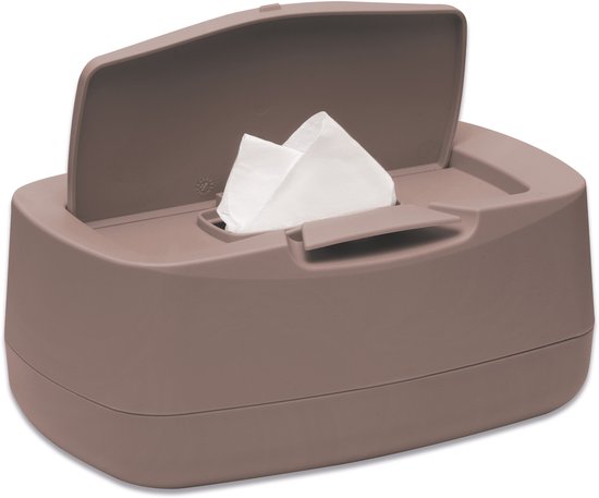 Bruine doekjesdispenser met open deksel, witte doekjes zichtbaar.