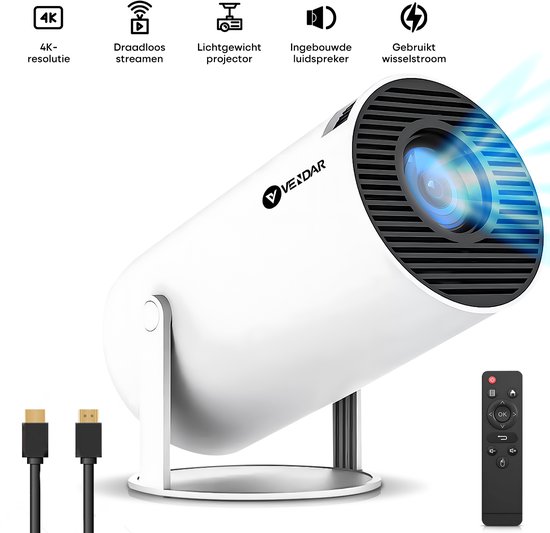 Vendar® YA350 Pro Mini Beamer 2025 – 350 ANSI Lumen – Smart Projector met 4K-ondersteuning – Geïntegreerd Android 14 – WiFi 6 & Bluetooth 5.4 – Voor iOS & Android – Thuisbioscoop – Wit