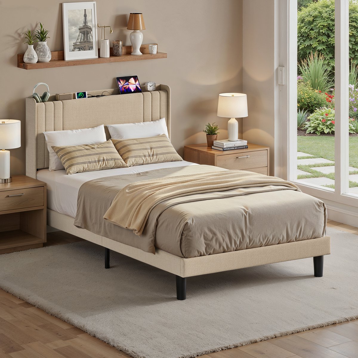 Xbro Gestoffeerd Bed 120 x 200 cm – met LED-Verlichting & USB/Type-C Oplaadpoort – Tweepersoonsbed met Hoofdbord en Lattenbodem – Beige — cadeau in Cadeau-ideeën - foto 4