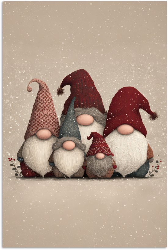Poster 40x60 cm - Kabouters - Kerst - Sneeuw - Puntmutsen - Posters - Kamer decoratie - Wanddecoratie woonkamer - Muurdecoratie slaapkamer - Kerstversiering - Kerstdecoratie voor binnen - Kerstmis