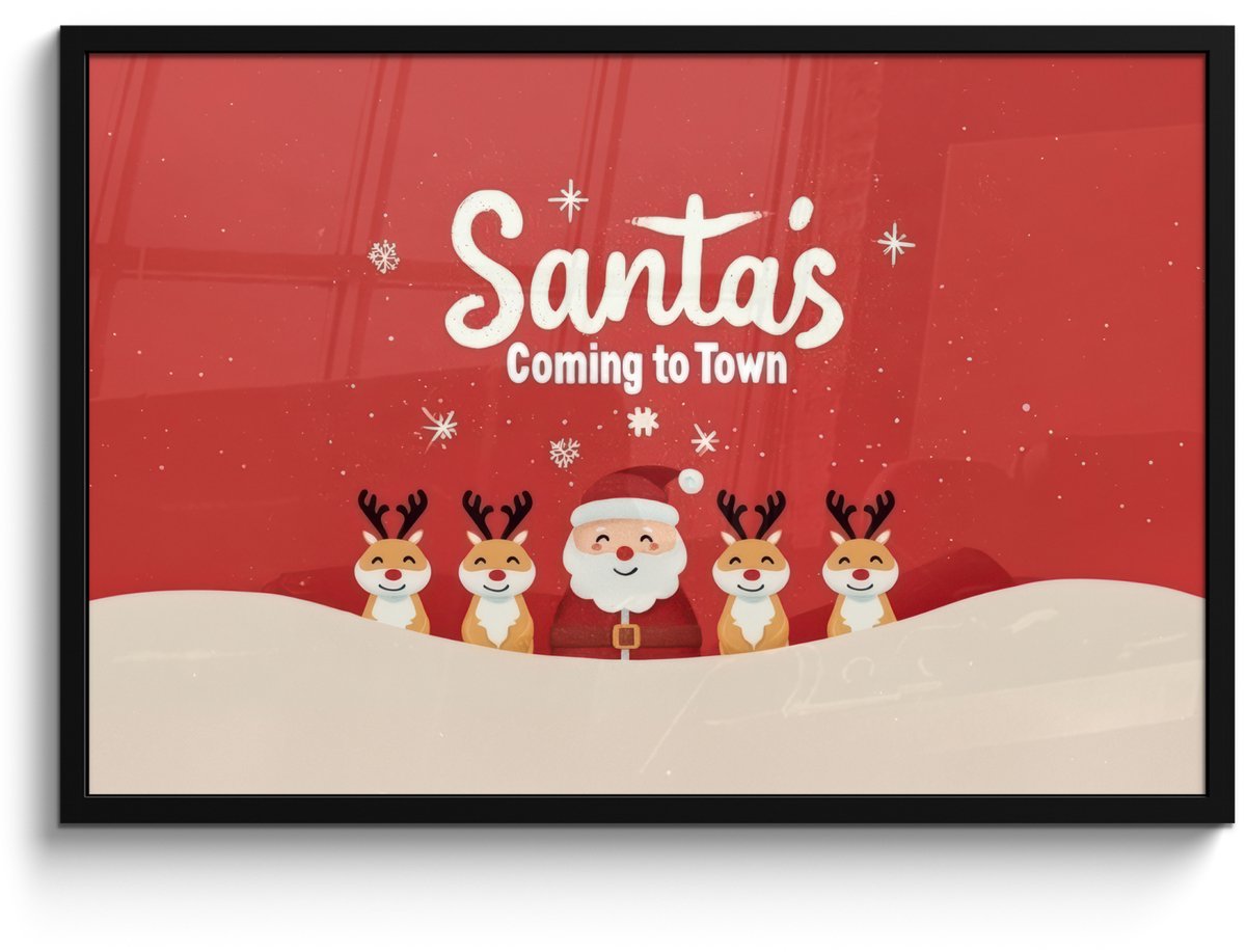 FrameYourWall Poster in lijst - Fotolijst 90x60 cm - Posters - Illustratie - Kerstman - Rendieren - Rood - Posterlijst zwart - Decoratie - Wanddecoratie woonkamer - Muurdecoratie slaapkamer - Kerstversiering - Kerstdecoratie voor binnen - Kerstmis