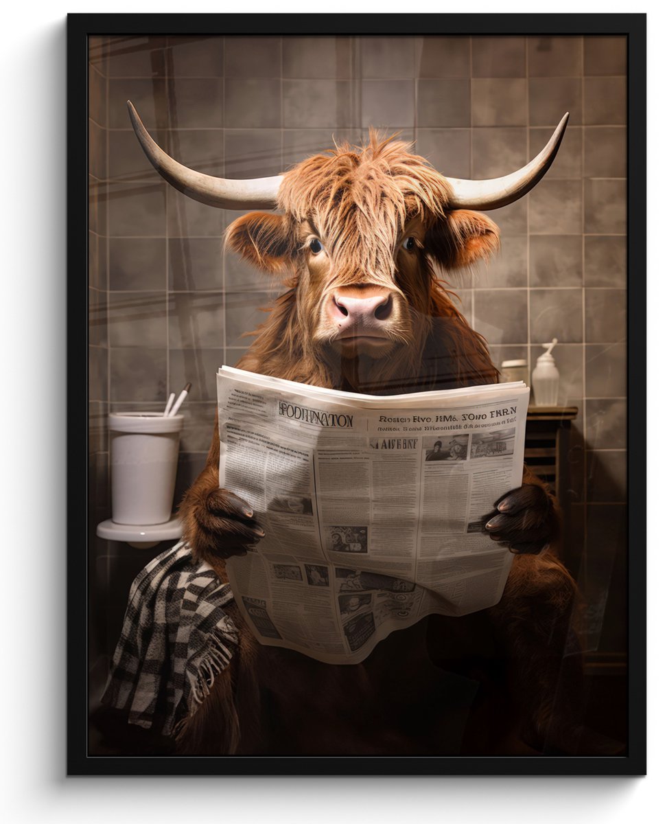 Poster in lijst - Fotolijst 60x80 cm - Posters - Schotse hooglander - Krant - Toilet - Pos