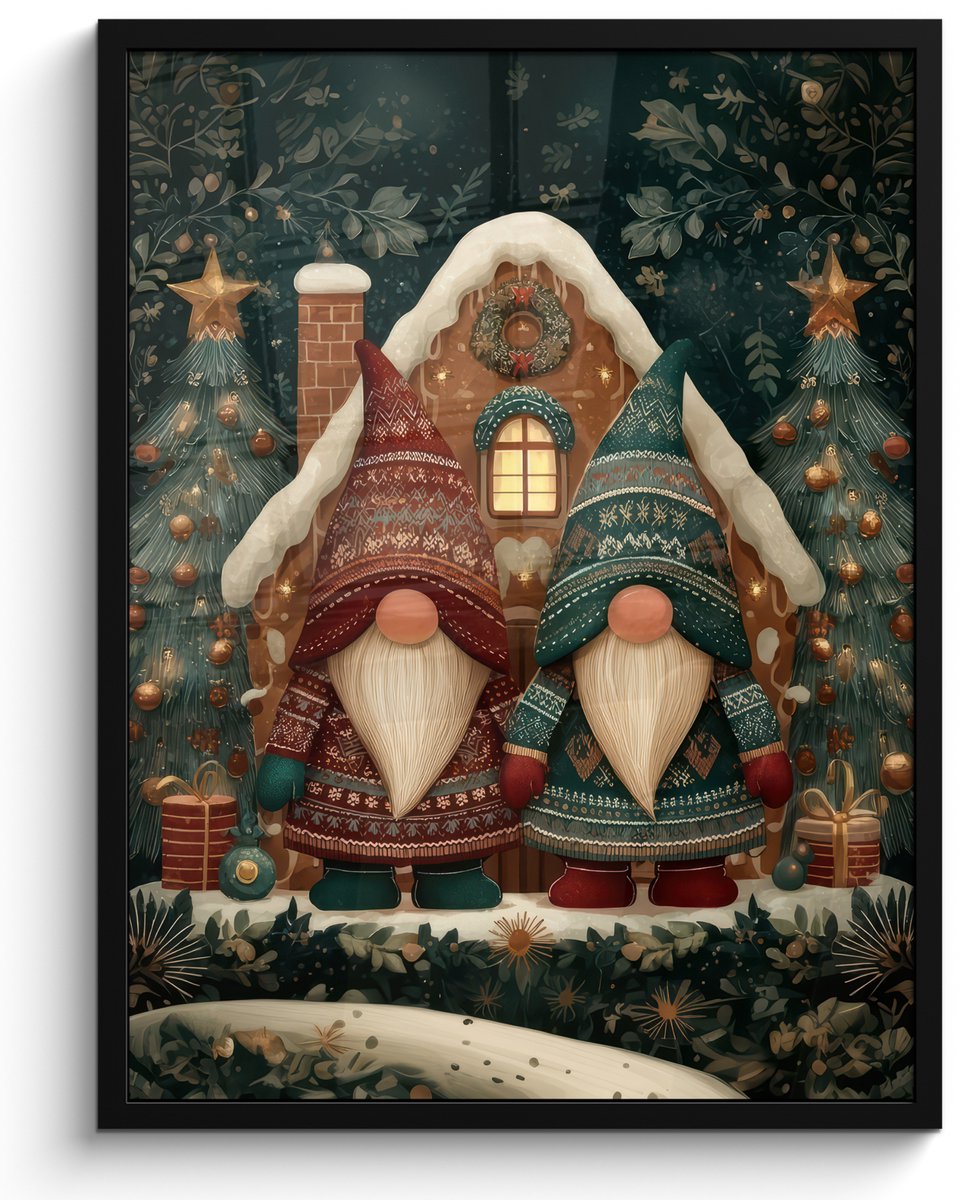 FrameYourWall Poster in lijst - Fotolijst 60x80 cm - Posters - Kerst - Gnomen - Peperkoekhuisje - Rood - Groen - Posterlijst zwart - Decoratie - Wanddecoratie woonkamer - Muurdecoratie slaapkamer - Kerstversiering - Kerstdecoratie voor binnen - Kerstmis Kerst - Gnomen - Huisje - Rood - Groen