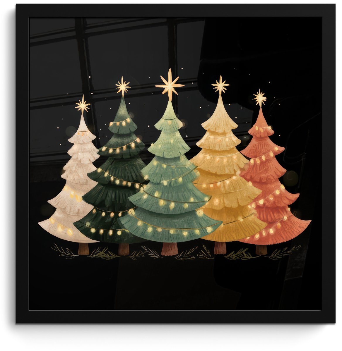 FrameYourWall Poster in lijst - Fotolijst 40x40 cm - Posters - Kerstbomen - Kleurrijk - Lichtjes - Ster - Posterlijst zwart - Decoratie - Wanddecoratie woonkamer - Muurdecoratie slaapkamer - Kerstversiering - Kerstdecoratie voor binnen - Kerstmis