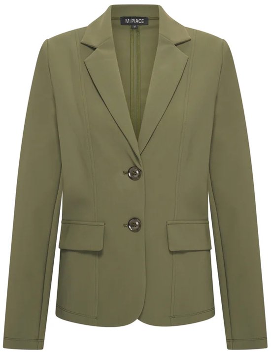 Kaki groen blazer met reverskraag, lange mouwen, twee knopen en twee klepzakken.