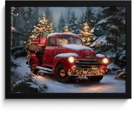 Poster in lijst - Fotolijst 40x30 cm - Posters - Kersttruck - Sneeuwbos - Rood - Posterlijst zwart - Decoratie - Wanddecoratie woonkamer - Muurdecoratie slaapkamer - Kerstversiering - Kerstdecoratie voor binnen - Kerstmis
