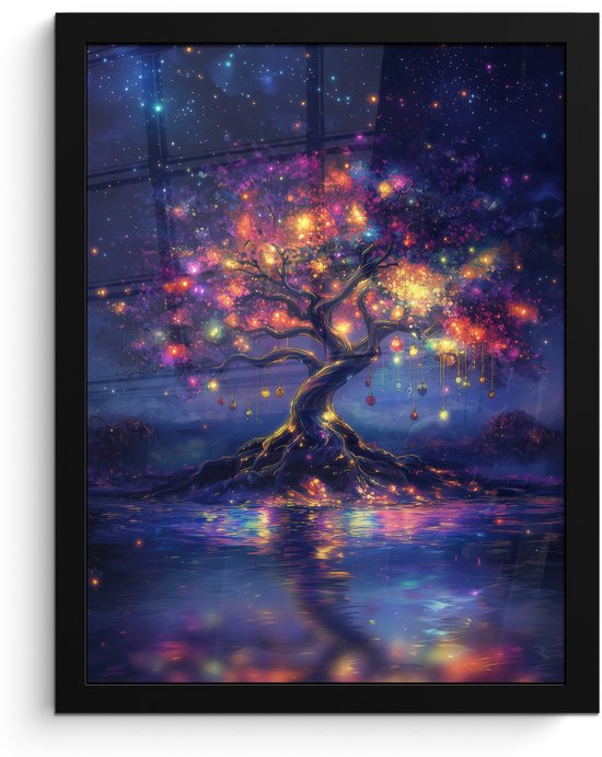 Poster in lijst - Fotolijst 30x40 cm - Posters - Kosmisch - lichtboom - Kerst - Kleurrijk - Posterlijst zwart - Decoratie - Wanddecoratie woonkamer - Muurdecoratie slaapkamer - Kerstversiering - Kerstdecoratie voor binnen - Kerstmis