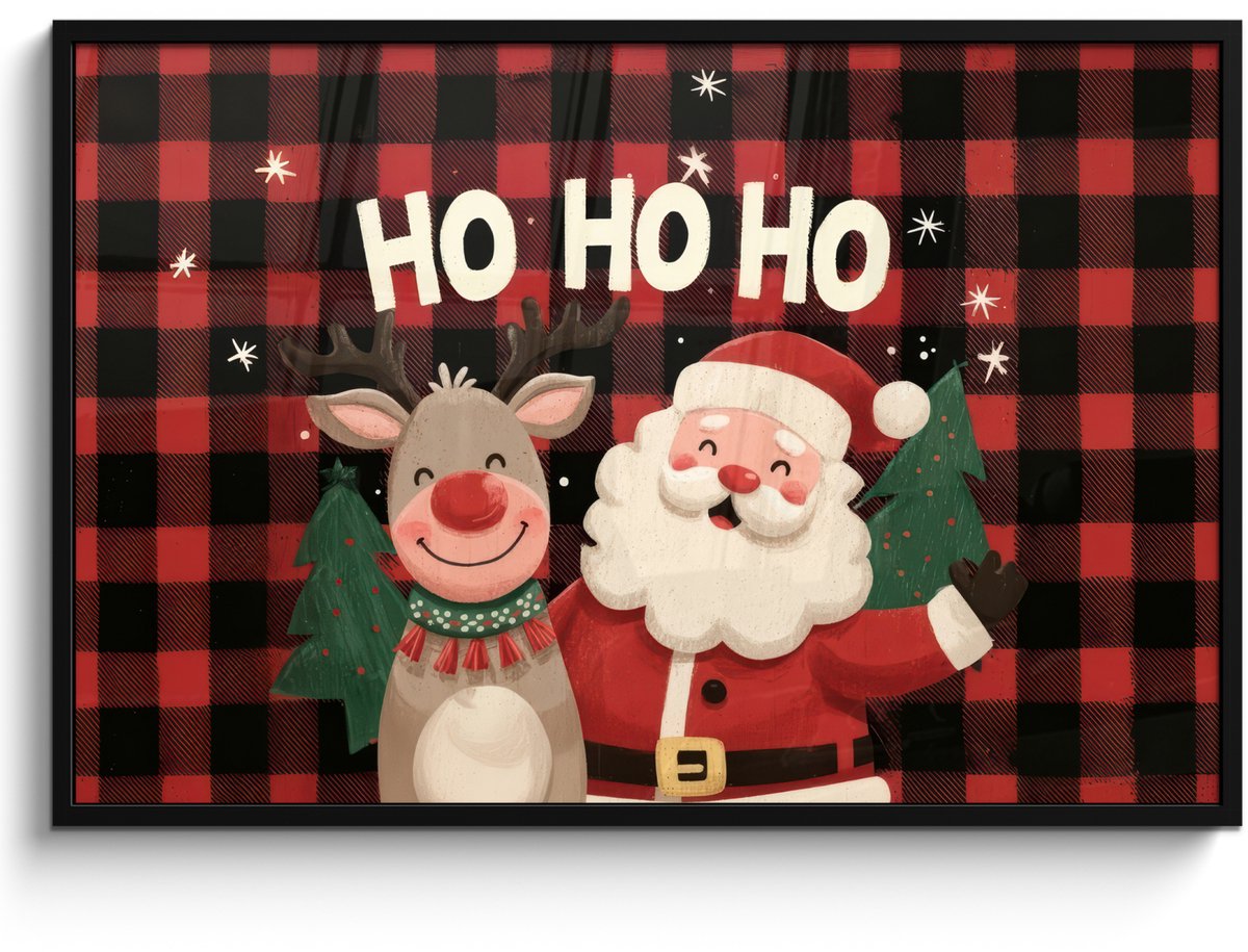FrameYourWall Poster in lijst - Fotolijst 120x80 cm - Posters - Kerstman - Rendier - Tekst - Rood - Zwart - Posterlijst zwart - Decoratie - Wanddecoratie woonkamer - Muurdecoratie slaapkamer - Kerstversiering - Kerstdecoratie voor binnen - Kerstmis