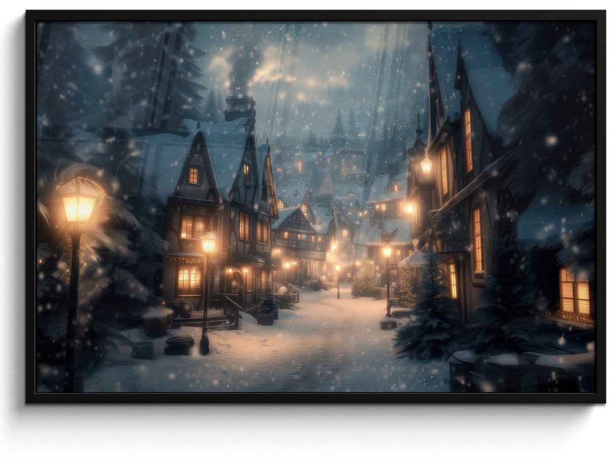 FrameYourWall Poster in lijst - Fotolijst 120x80 cm - Posters - Winterdorp - Sneeuw - Donker - Posterlijst zwart - Decoratie - Wanddecoratie woonkamer - Muurdecoratie slaapkamer