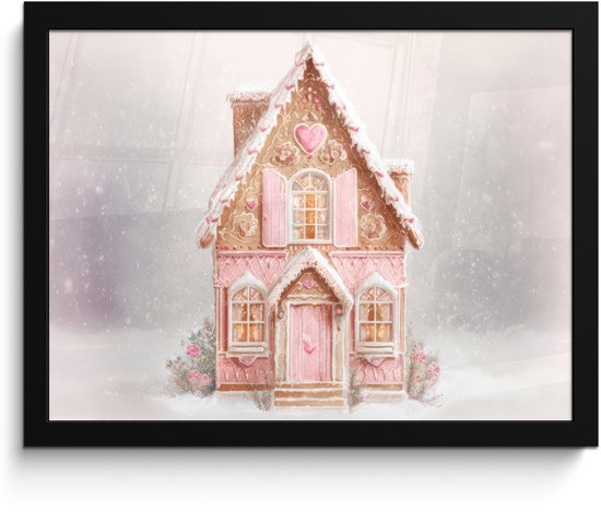 Poster in lijst - Fotolijst 40x30 cm - Posters - Huisje - Suiker - Pastel - Posterlijst zwart - Decoratie - Wanddecoratie woonkamer - Muurdecoratie slaapkamer - Kerstversiering - Kerstdecoratie voor binnen - Kerstmis