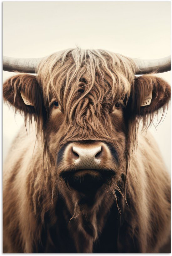 Close-up van een Schotse hooglander met lange, wapperende bruine vacht en grote hoorns.