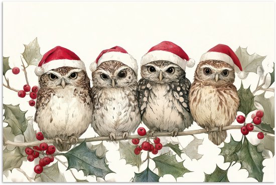 Poster 120x80 cm - Uilen - Tak - Hulstblaadjes - Kerstmuts - Posters - Kamer decoratie - Wanddecoratie woonkamer - Muurdecoratie slaapkamer - Kerstversiering - Kerstdecoratie voor binnen - Kerstmis