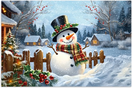 Poster 120x80 cm - Sneeuwpop - Winterdorp - Kleurrijk - Posters - Kamer decoratie - Wanddecoratie woonkamer - Muurdecoratie slaapkamer