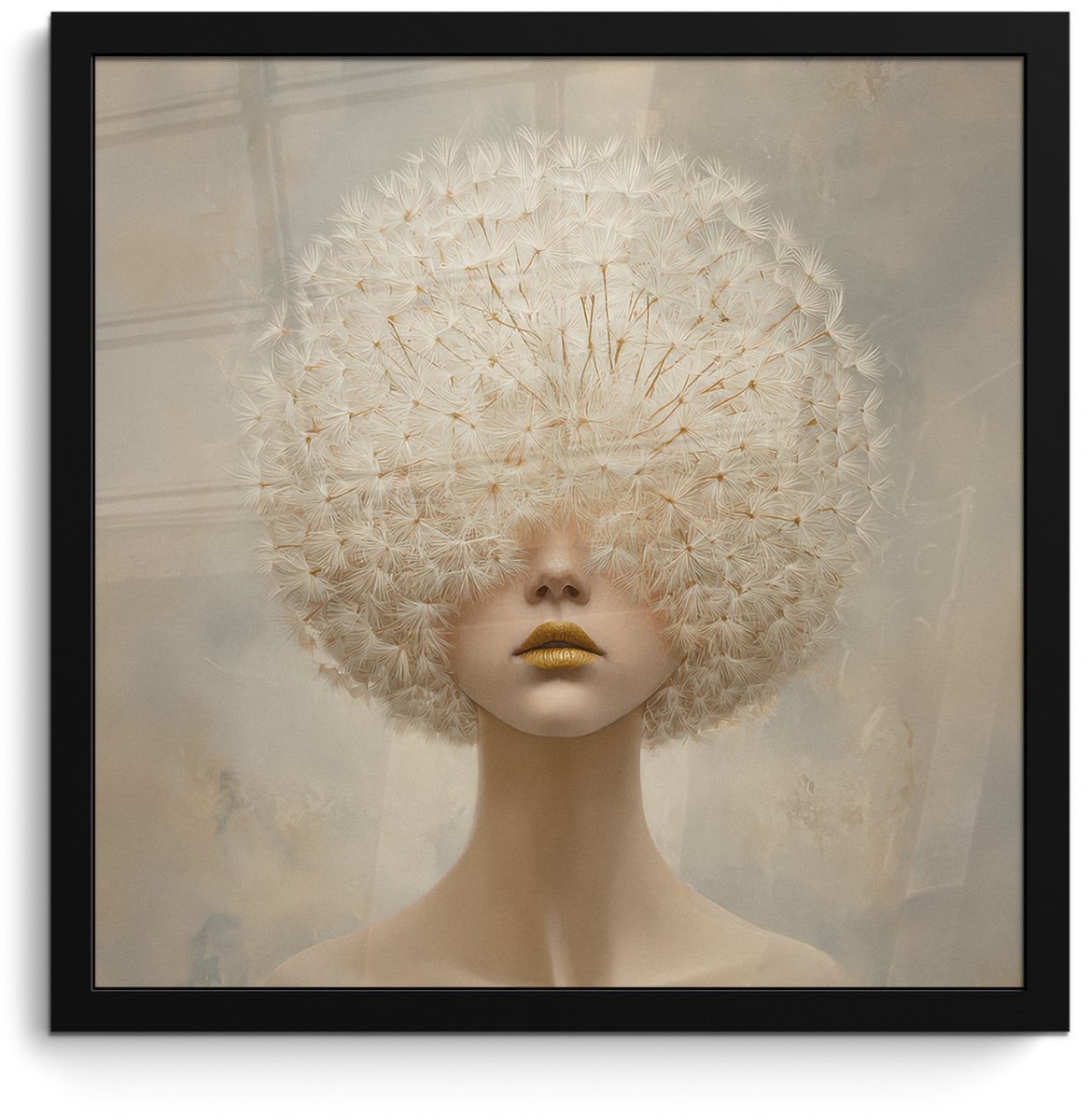 FrameYourWall Poster in lijst - Fotolijst 40x40 cm - Posters - Dromerig - Beige - Paardenbloemzaadjes - Posterlijst zwart - Decoratie - Wanddecoratie woonkamer - Muurdecoratie slaapkamer